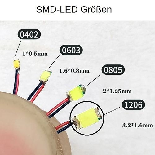 LED SMD 1206 3,2x1,6mm Litze 0,04mm fertig verlötet verschieden Farben und Spannungen wählbar